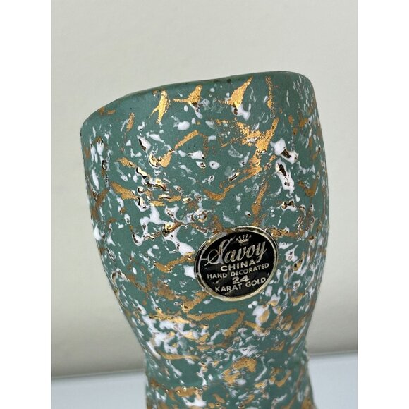 Savoy China 24 Kt Gold Mid-Century Speckled Pottery Pitcher Vase Green 12" Decor - Picture 7 of 11